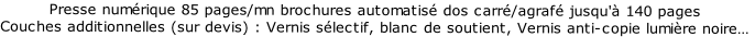 Presse numérique 85 pages/mn brochures automatisé dos carré/agrafé jusqu'à 140 pages
Couches additionnelles (sur devis) : Vernis sélectif, blanc de soutient, Vernis anti-copie lumière noire…
